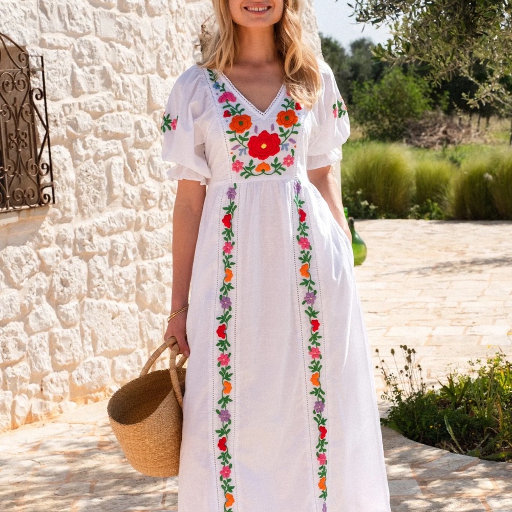 Pink City Prints Embroidered Folk Flowers Laura Dress